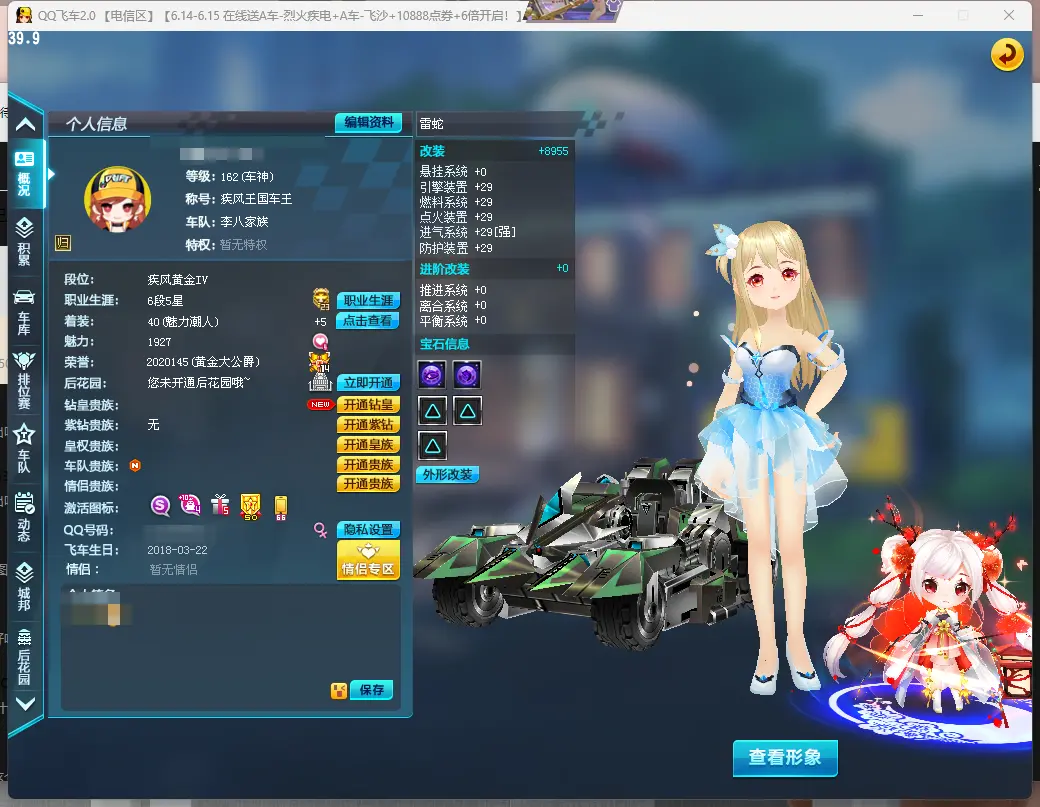 QQ飞车端游账号电信LC607647 【雷蛇29双4/梅灵婉香+10】 【可二次实名】 S级赛车1 宠物1 S级赛车:雷蛇; 宠物:梅灵婉香;