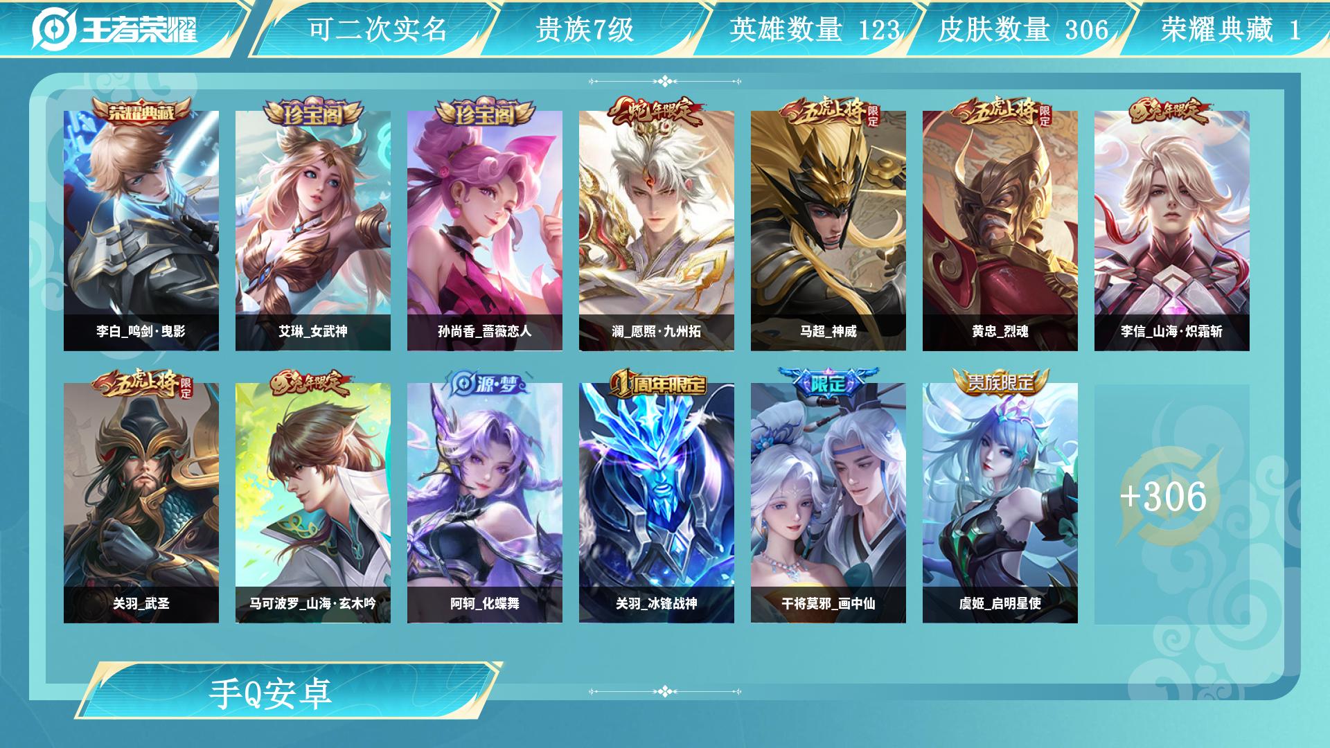 王者荣耀账号安卓QQ0英雄-0皮肤-AL 【特价1水306皮连体和平2粉2载具】 无双皮肤数0 珍品传说皮数0 贵族等级