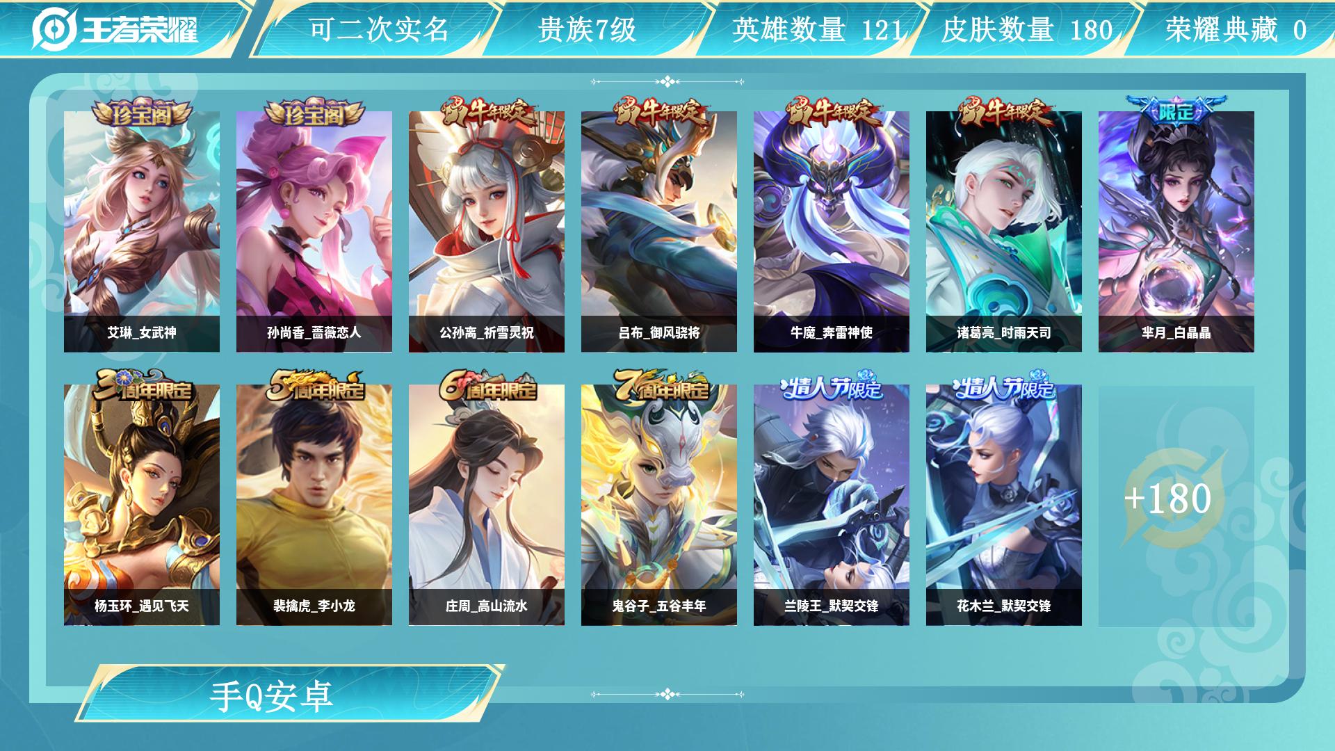 王者荣耀账号安卓QQ0英雄-0皮肤-AL 【极品账号9传说,夺宝224,2星传说】 皮肤数180 皮肤价值 传说皮肤数9