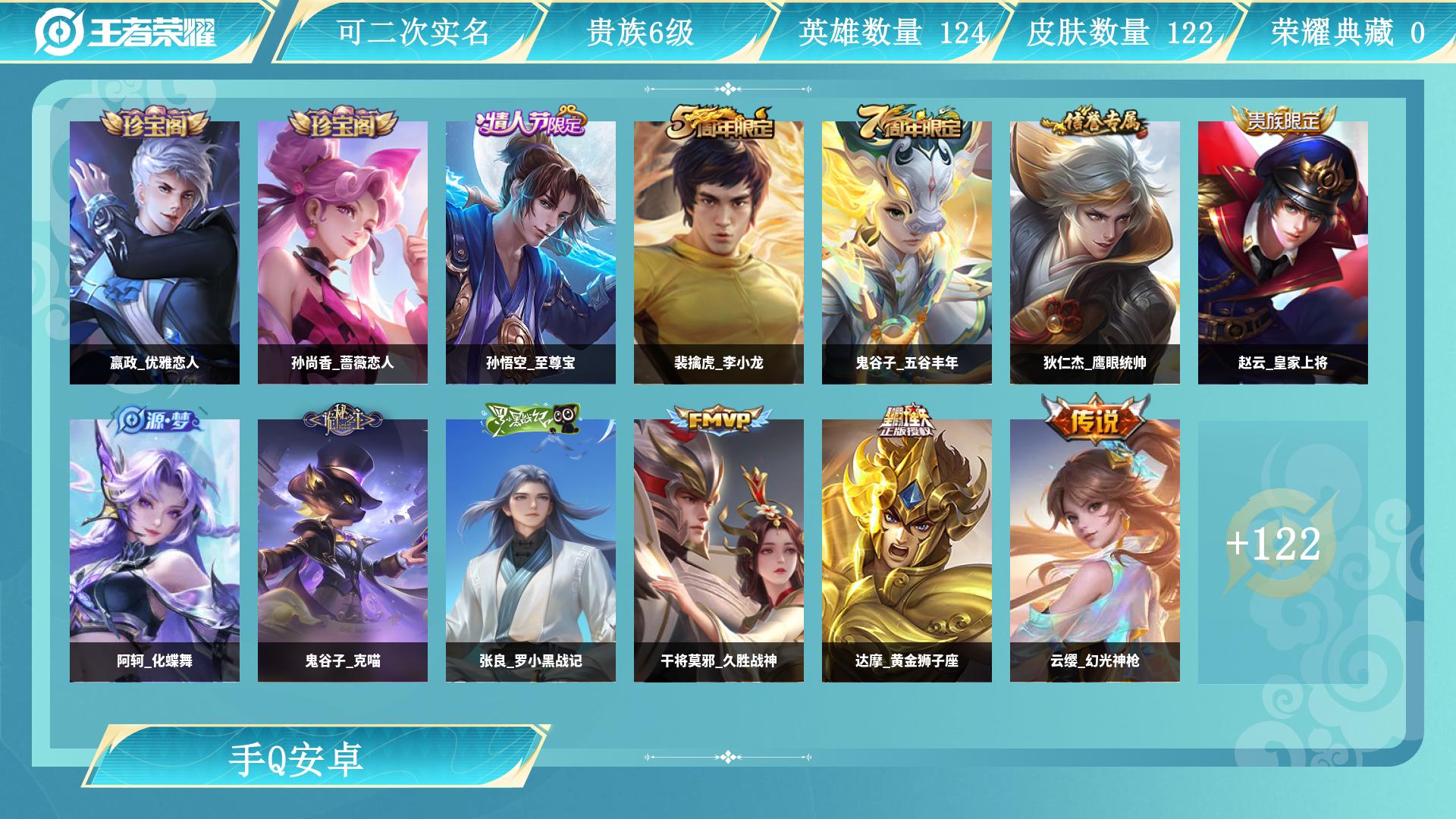 王者荣耀账号安卓QQ0英雄-0皮肤-AL 【特价优惠处理3传说122皮肤】 皮肤数122 皮肤价值74536 传说皮肤数