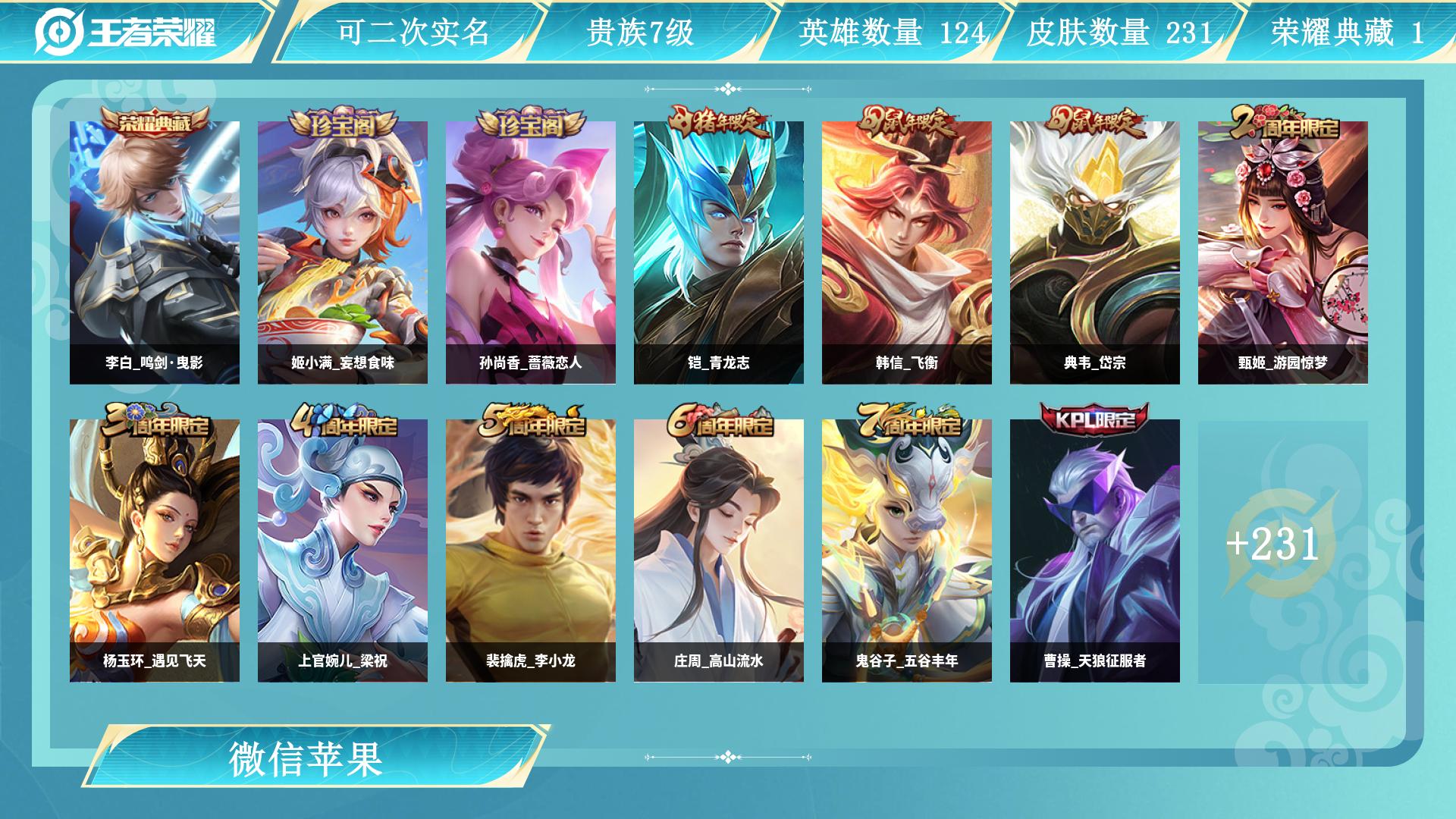 王者荣耀账号苹果VX126英雄-231皮肤-AL 【清仓无套路：基础限定+热门皮，视频验号放心拍
】 皮肤数231 传说