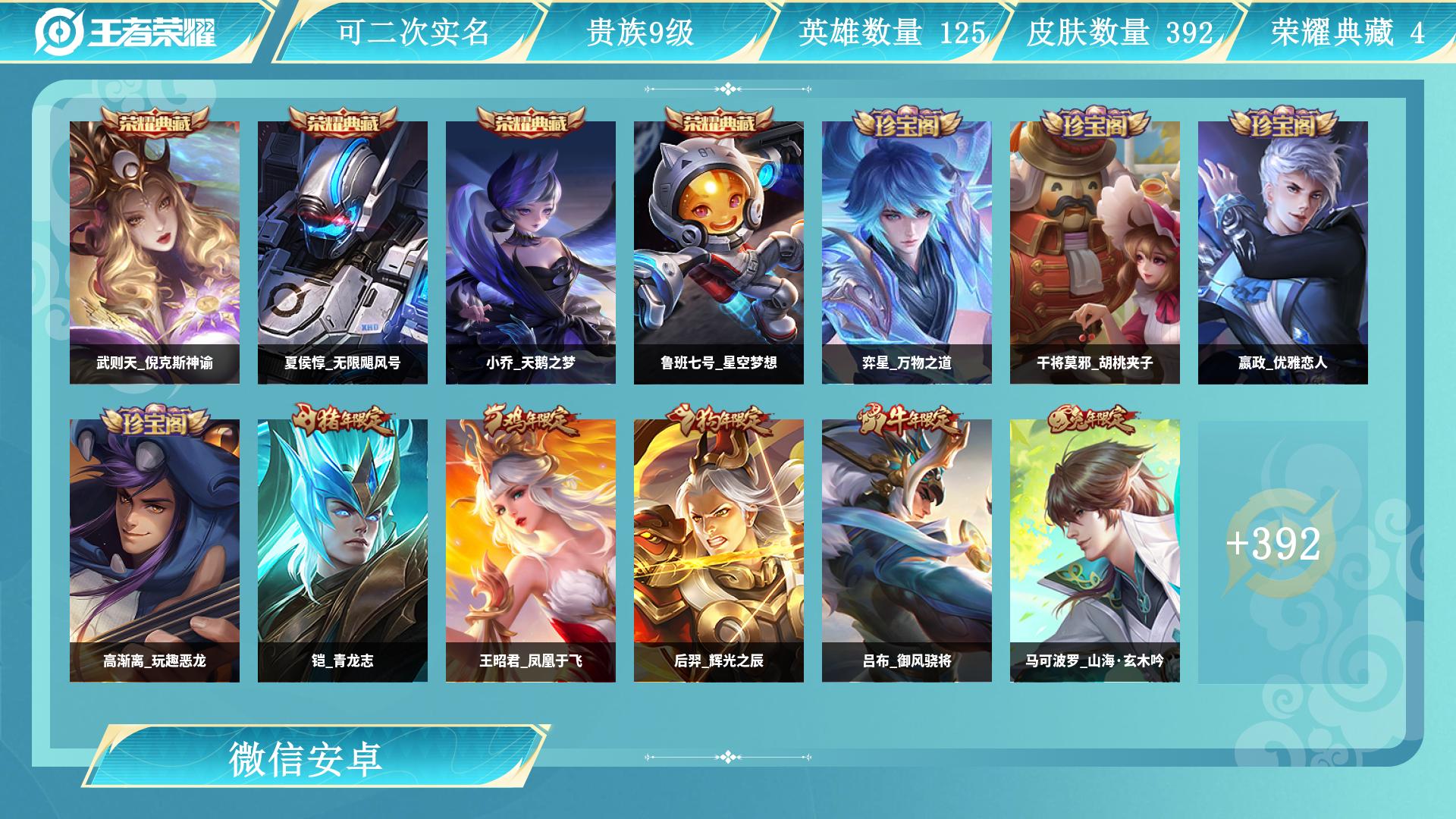 王者荣耀账号安卓VX129英雄-392皮肤-AL 皮肤数392 传说皮肤数12 星传说皮肤数4 史诗皮肤数121 英雄数