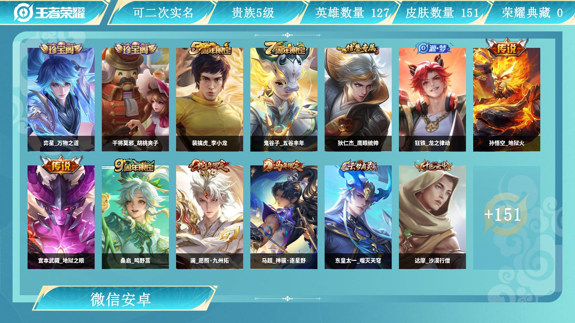 王者荣耀账号安卓VXAL 【亏本清仓捡漏速抢】 皮肤数151 传说皮肤数5 史诗皮肤数38 英雄数127 营地id 贵族等级【文本】贵族5级 【贵族5级】 【是】 【否】 【启用】 【是】 【支持】 【安卓】 【找回包赔