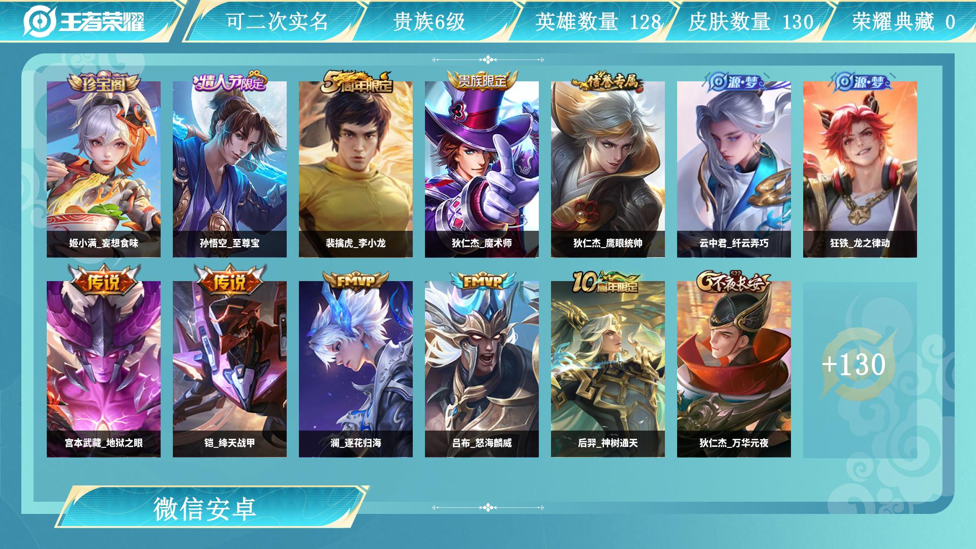 王者荣耀账号安卓VXAL 【亏本清仓】 皮肤数130 传说皮肤数5 星传说皮肤数1 史诗皮肤数41 英雄数128 营地id 贵族等级【文本】贵族6级 【贵族6级】 【是】 【是】 【启用】 【是】 【是】 【支持】 【安