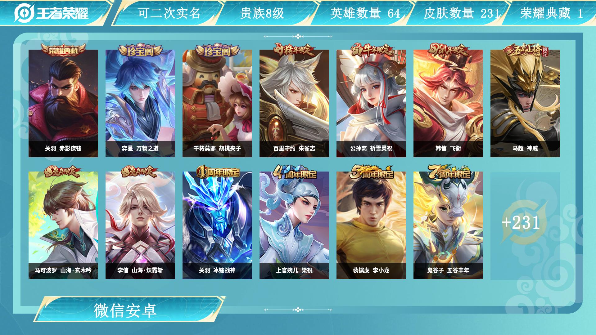 王者荣耀账号安卓VXAL 【肝了多年心血号，寻有缘人接手】 皮肤数231 传说皮肤数12 史诗皮肤数75 英雄数126 营地id 贵族等级【文本】贵族8级 【贵族8级】 【是】 【否】 【启用】 【是】 【是】 【否】 