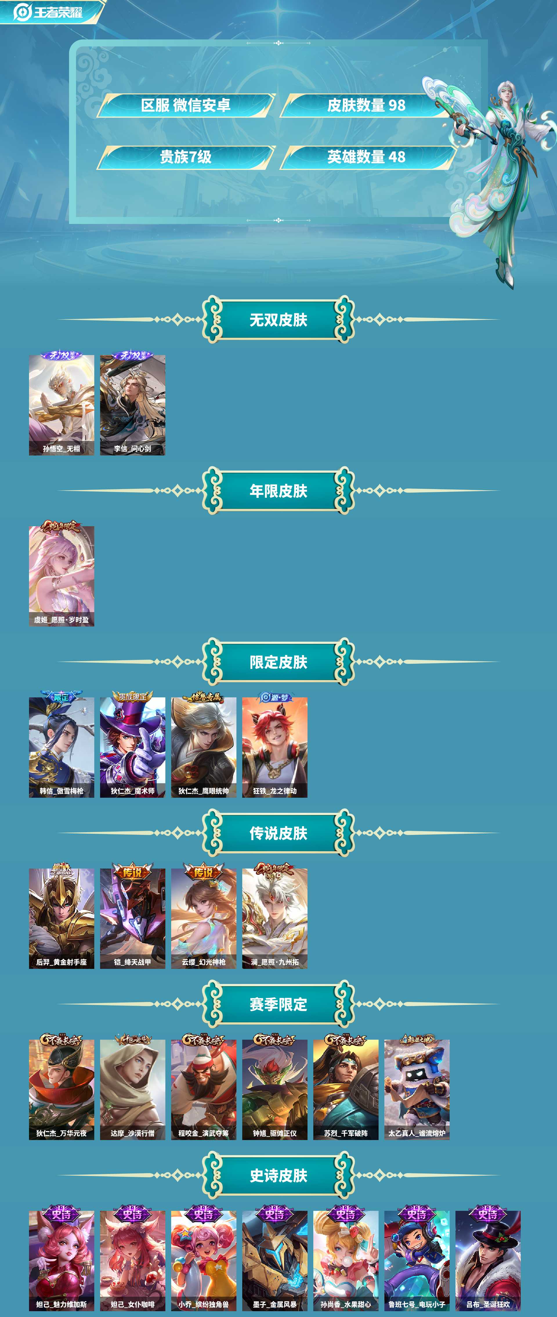 AL734749 【肝了多年心血号,寻有缘人接手】 皮肤数98 无双皮肤数2 传说皮肤数5 史诗皮肤数32 英雄数107 营地id1836847401 贵族等级【文本】贵族7级 【贵族7级】 【是】