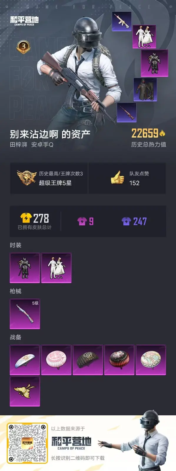 BZ602411 【附赠和平2粉装1特效枪奇迹狩猎者丨3王者-仲达-幻神-孟获-双81 | 可二次 |】 V武器数106 V王者角色数2 王者V武器数量3 英雄武器数量106 音效卡数量4 万化数量