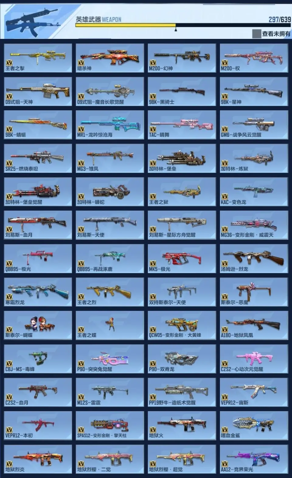BZ604717 【604717】V王者角色数：45 王者V武器数量：42 英雄武器数量：297 万化数量：537