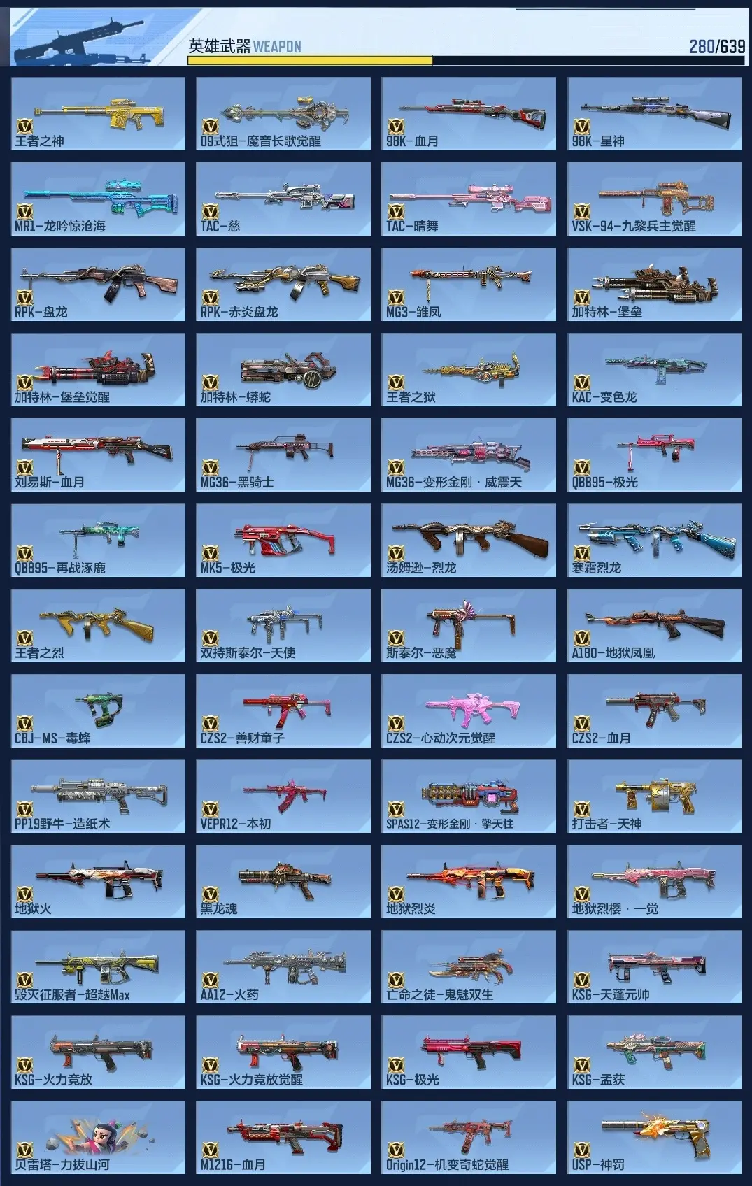 BZ604880 【604880】V王者角色数：56 王者V武器数量：19 英雄武器数量：261 万化数量：701