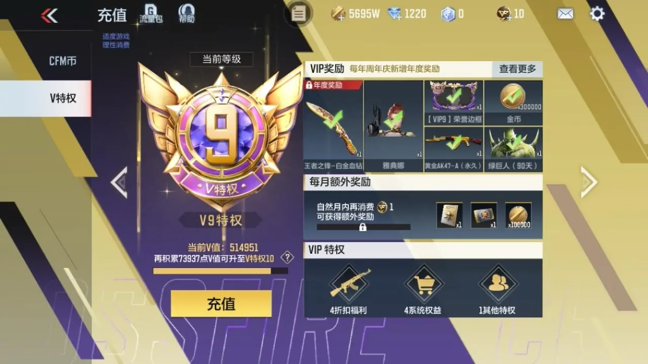 BZ606445 【9至尊-多王者带皮-满屏三国套-龙腾瑜全套-白露仲达套-多狙击-8COP】 V王者角色数49 王者V武器数量36 万化数量490 VIP等级【文本】VIP9级 【精英】
