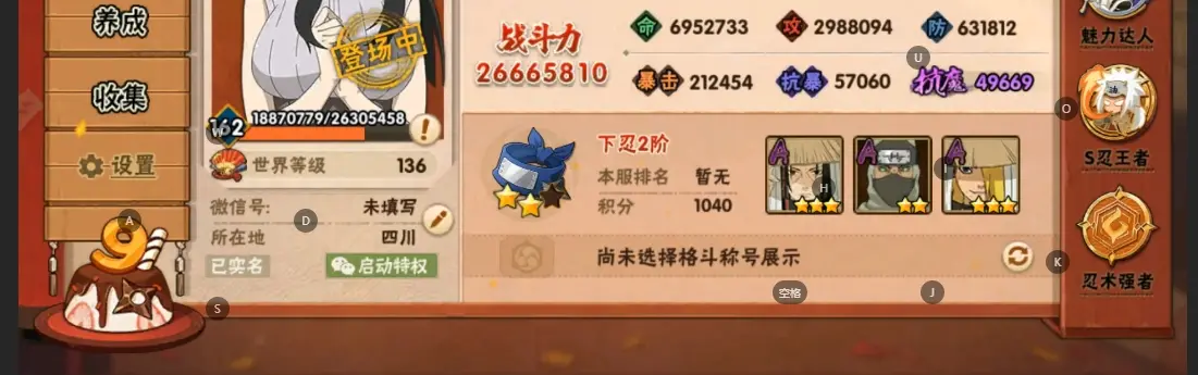 BZ610475 【战力26665810-S忍者数量50-A忍者数量81-V14】 战力26665810 S忍者数量50 A忍者数量81 VIP等级【文本】V14 通灵兽数26 【可二次实名】 【永