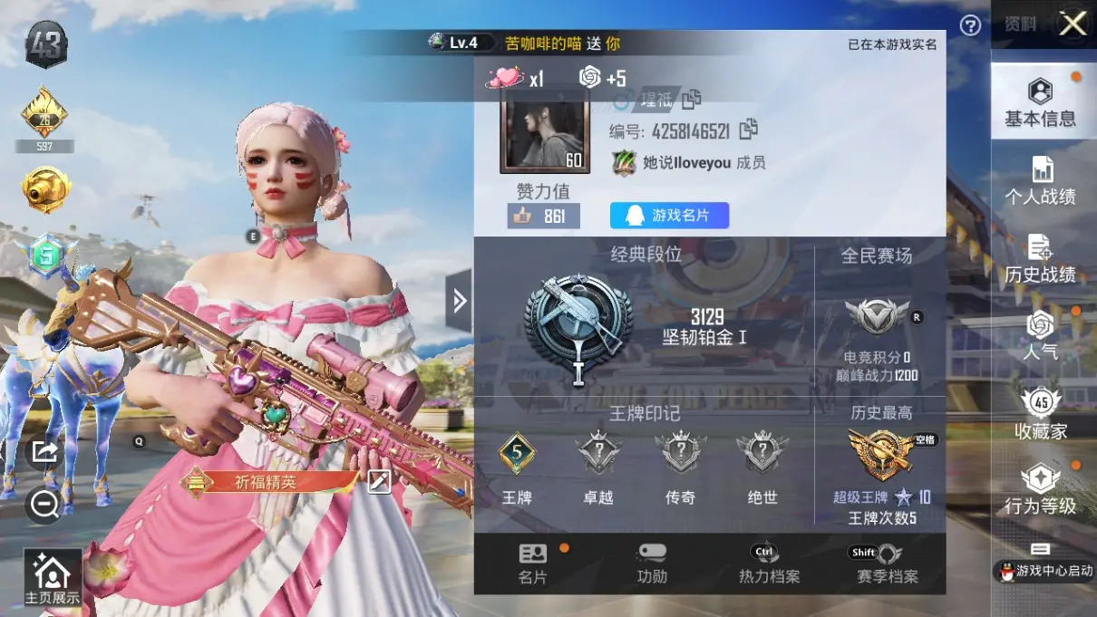 BZ611952 【七级心之恋语+四级炫紫旋律+粉装两套】 热力值38193 粉装数量2 特效枪数量3 【可包赔】 【可二次实名】 【无防沉迷】 【否】 角色套装69 武器皮肤82 载具3 角色套装